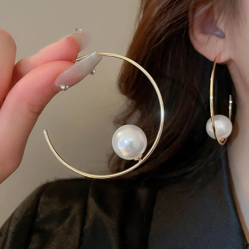 Large Pearl C-shaped Hoop Earrings for Women Girl