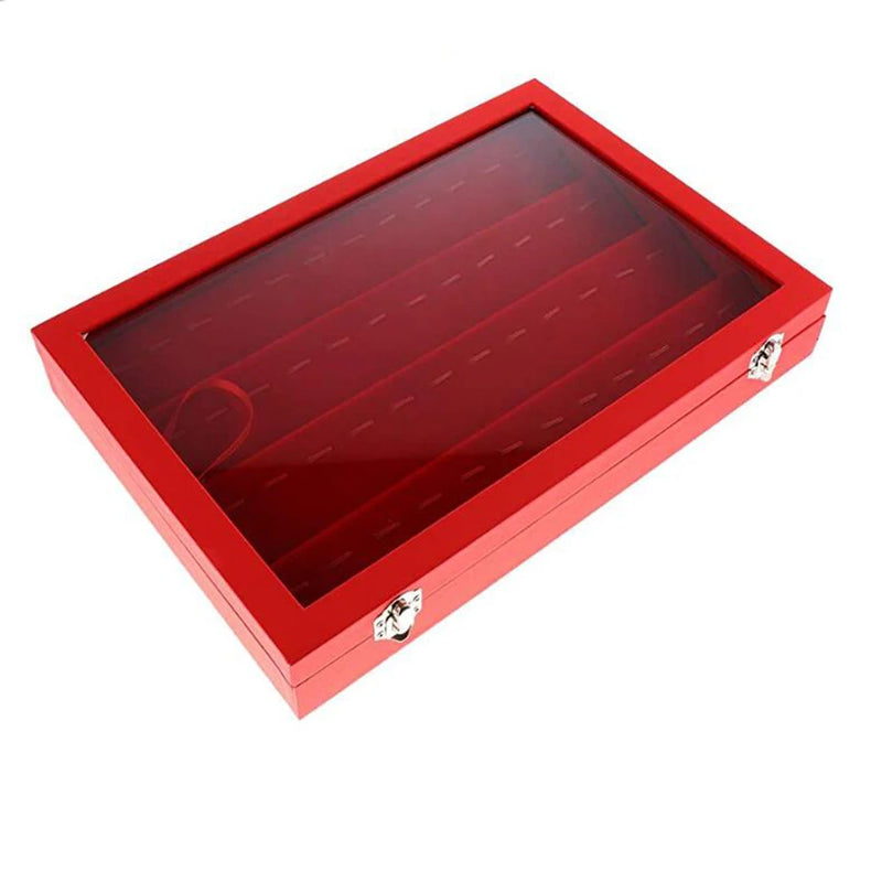 Red Velvet Jewelry Display Case with Glass Top, 48 Clips