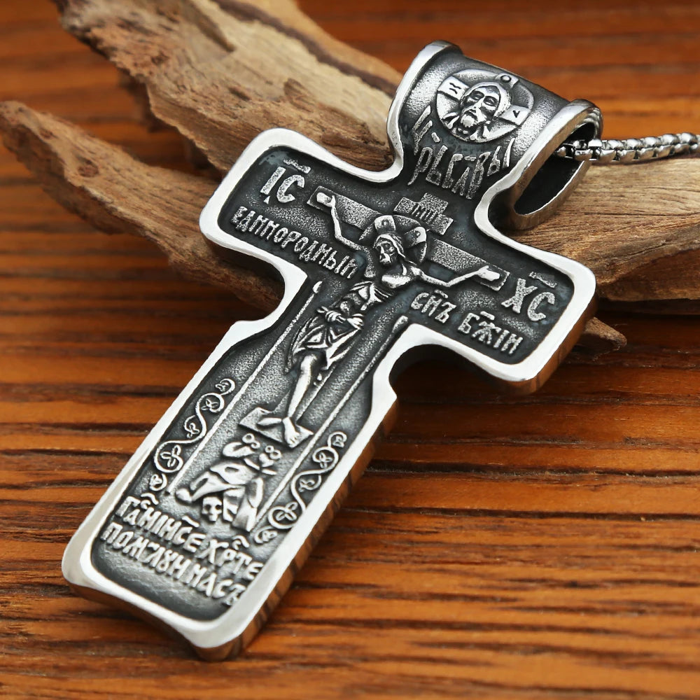 Vintage Jesus Necklace For Men Stainless Steel Cross Pendant Biker Amulet