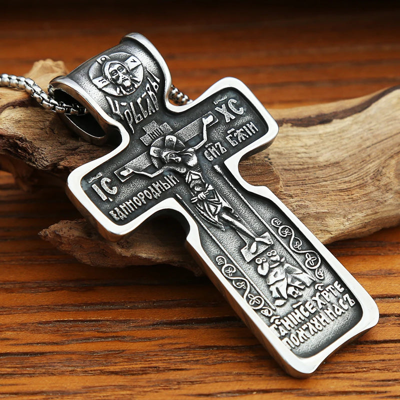 Vintage Jesus Necklace For Men Stainless Steel Cross Pendant Biker Amulet