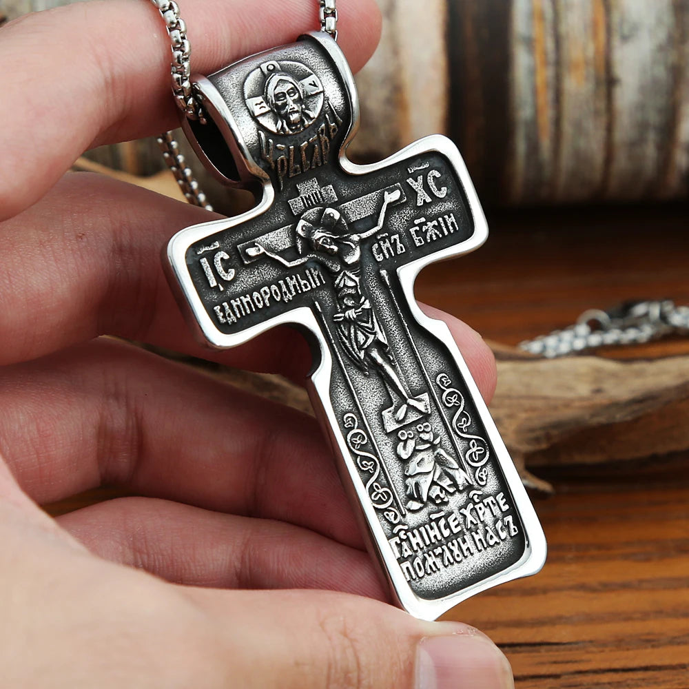 Vintage Jesus Necklace For Men Stainless Steel Cross Pendant Biker Amulet