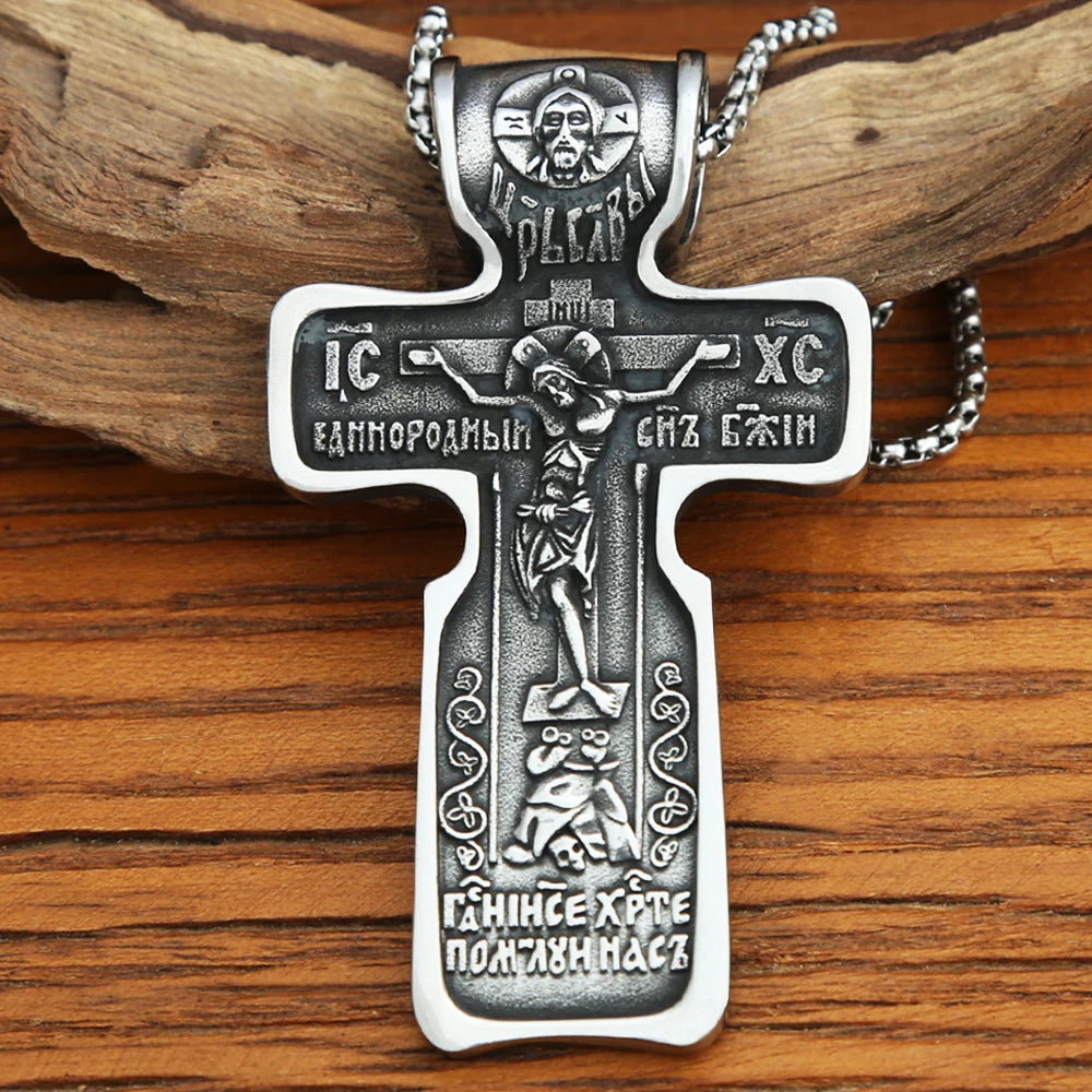 Vintage Jesus Necklace For Men Stainless Steel Cross Pendant Biker Amulet