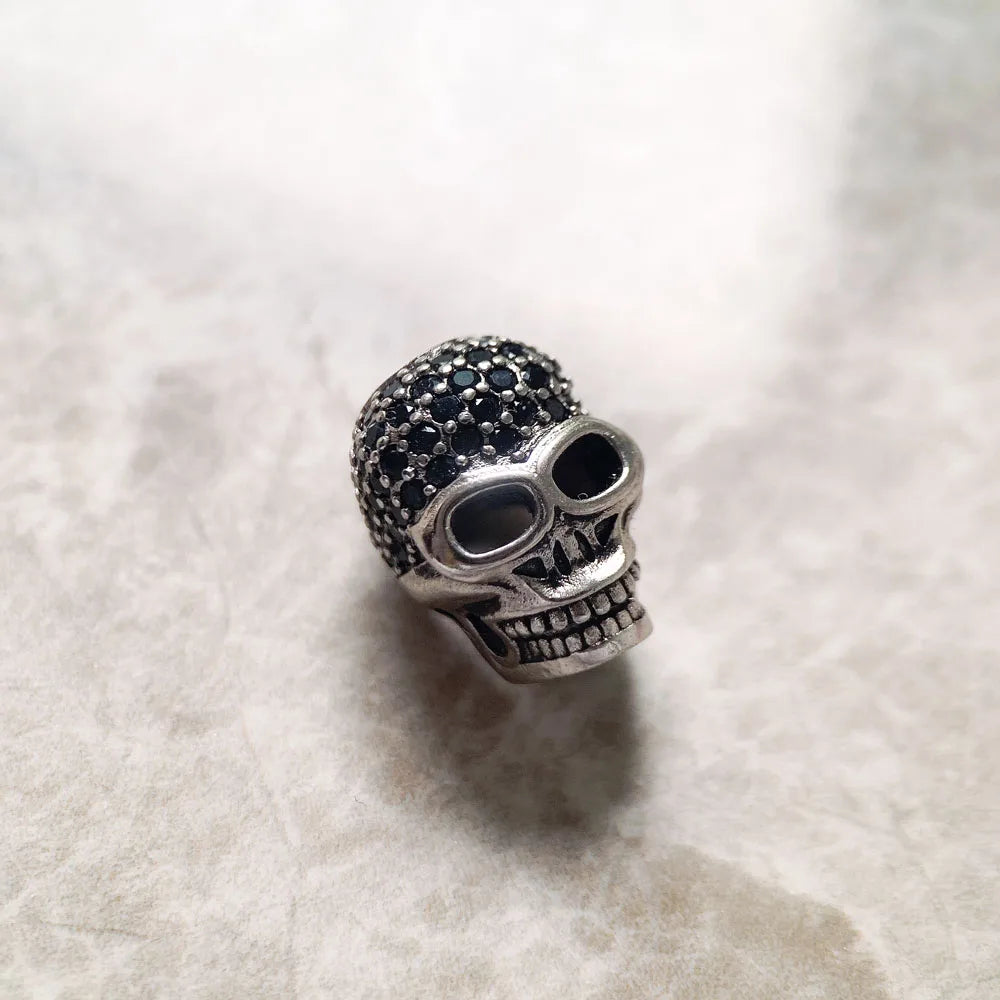 Large Skull Pave Bead 925 Sterling Silver DIY Accessories High Big Hole Gift