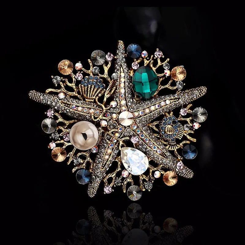 Vintage Mermaid Turtle Starfish Animal Brooches Pearl Crystal Lady Party Pins