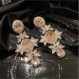Pink Zircon Crystal Flower Earrings for Women