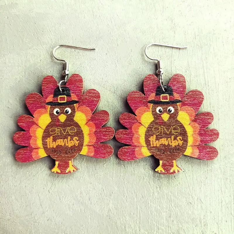 Wooden Turkey Earrings for Women Fall Thanksgiving Holiday