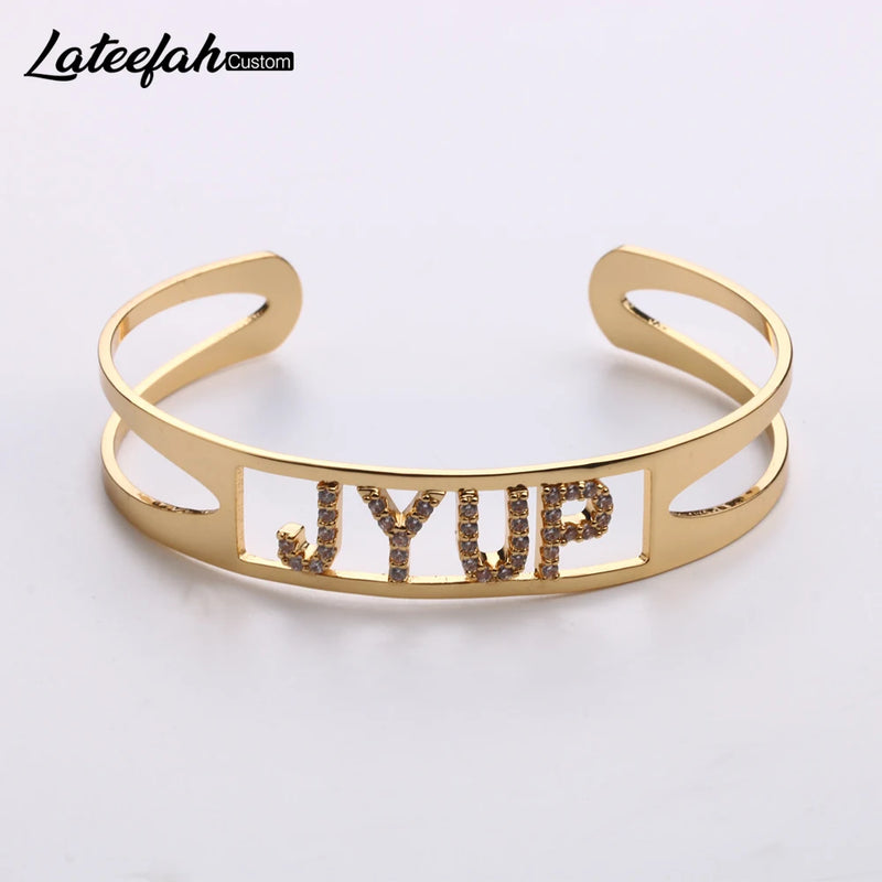 Lateefah Name ID Bar Bracelet Cubic Zirconl Initial Charm Bracelets For Women