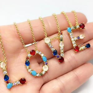 A-Z Letter Necklace Colored Zircon with Diamonds English Pendant Chain