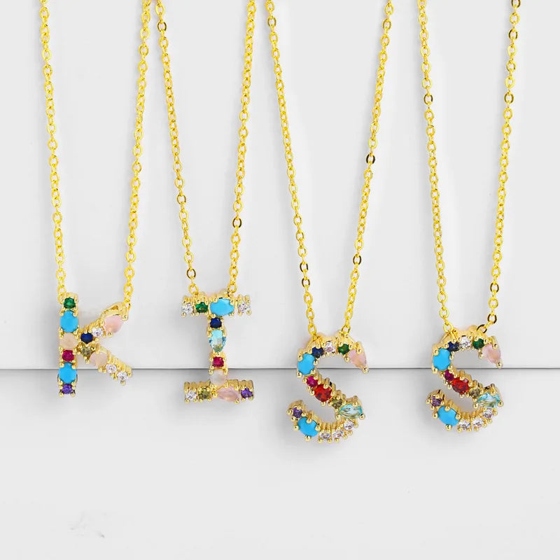 A-Z Letter Necklace Colored Zircon with Diamonds English Pendant Chain
