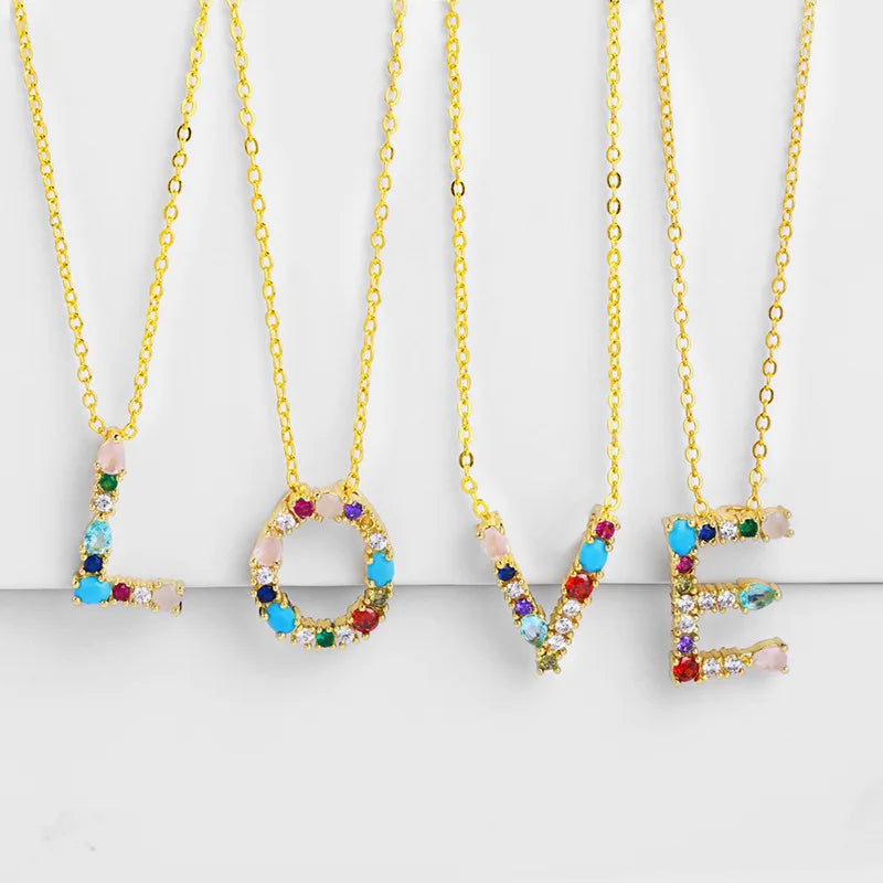 A-Z Letter Necklace Colored Zircon with Diamonds English Pendant Chain
