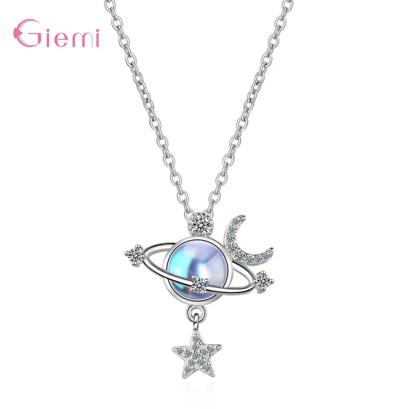 Moon Star Pendant Necklace 925 Silver Needle