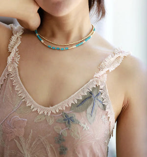 Plated Turquoise Seed Beads 2 Layered Statement Necklace Women