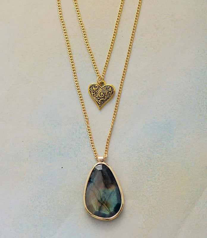 Labradorite Heart Pendant Necklace 2 Layers OL Jewelry