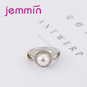 Round Pearl Small Rhinestone 925 Sterling Silver Ring