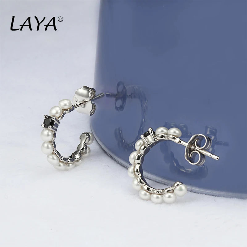 Laya 925 Silver C Arc Pearl Drop Earrings Wedding Jewelry