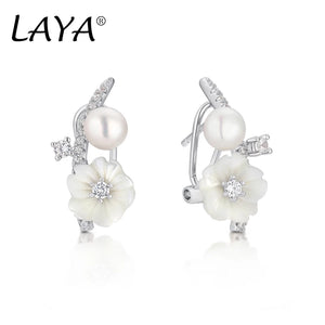 Laya 925 Silver Zircon Shell Pearl Flower Earrings for Women