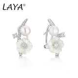 Laya 925 Silver Zircon Shell Pearl Flower Earrings for Women