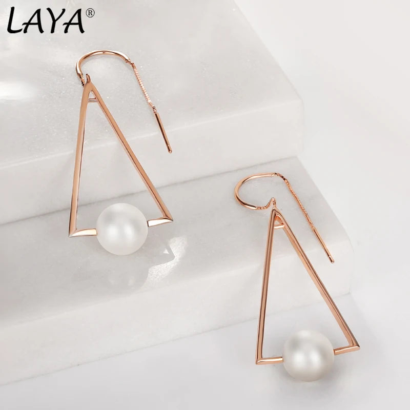 Laya Shell Pearl Drop Earrings 925 Sterling Silver Geometric Triangle Jewelry