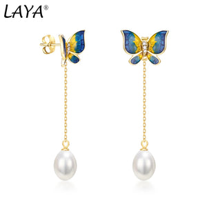 Laya Silver Butterfly Drop Earrings 925 Silver Freshwater Pearl Enamel Jewelry
