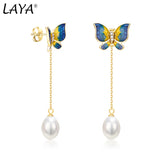 Laya Silver Butterfly Drop Earrings 925 Silver Freshwater Pearl Enamel Jewelry