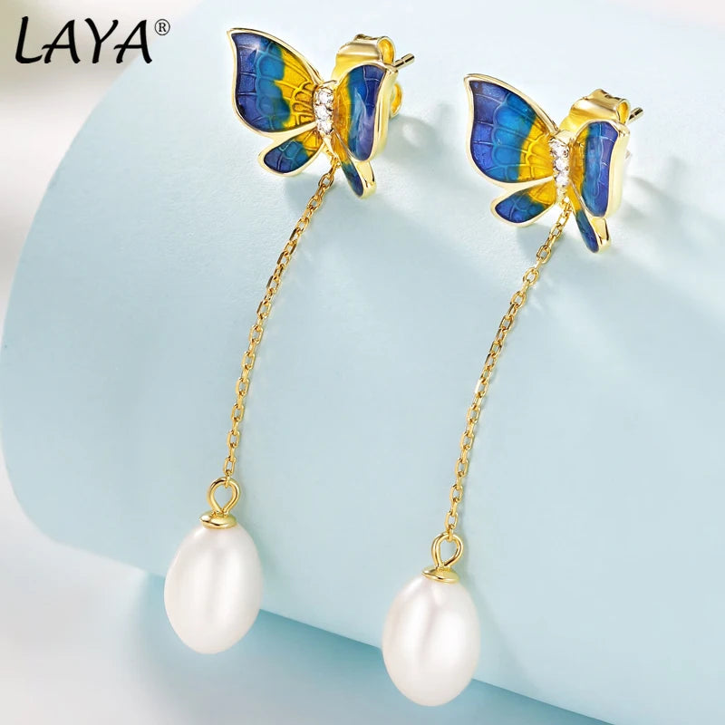 Laya Silver Butterfly Drop Earrings 925 Silver Freshwater Pearl Enamel Jewelry