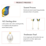 Laya Silver Butterfly Drop Earrings 925 Silver Freshwater Pearl Enamel Jewelry
