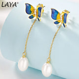 Laya Silver Butterfly Drop Earrings 925 Silver Freshwater Pearl Enamel Jewelry