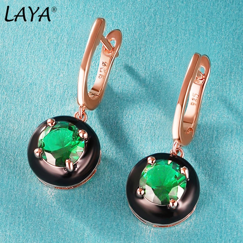 Laya Silver Earrings 925 Sterling Silver Green Glass Enamel Jewelry