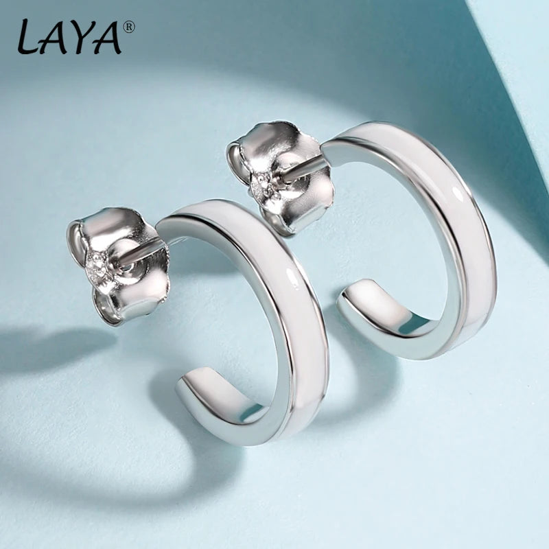 Laya Silver Hoop Earrings 925 Sterling Enamel White/Orange
