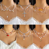 Layer Pearl Bead Necklace Strawberry Heart Pendant Choker