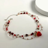 Layer Pearl Bead Necklace Strawberry Heart Pendant Choker