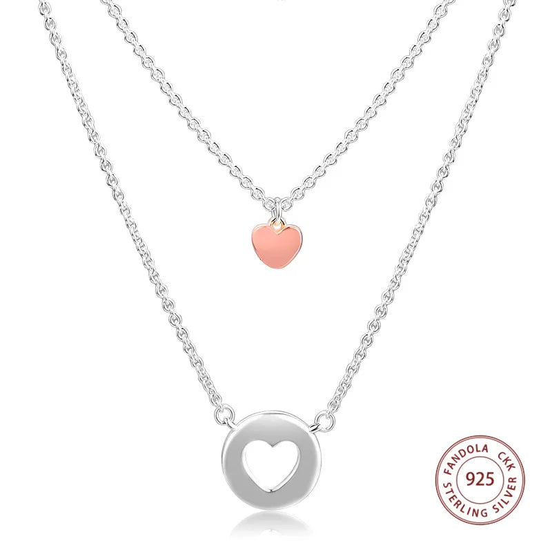 Layered Heart Necklace 925 Sterling Silver Chain Women Jewelry