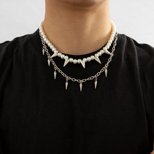 Pearl Beads with Spikes Choker Necklace Stainless Steel Chains Men Punk