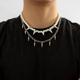 Pearl Beads with Spikes Choker Necklace Stainless Steel Chains Men Punk
