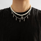 Pearl Beads with Spikes Choker Necklace Stainless Steel Chains Men Punk