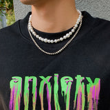 Layered Pearl/Rhinestone Chain Short Choker Necklace Men Beads and Tennis Chain