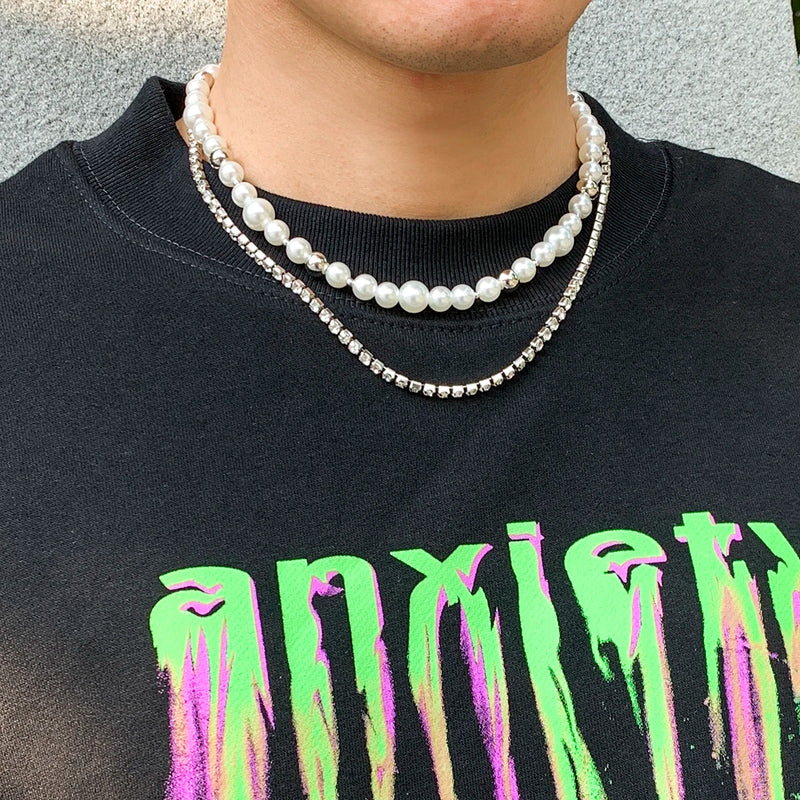 Layered Pearl/Rhinestone Chain Short Choker Necklace Men Beads and Tennis Chain