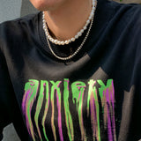 Layered Pearl/Rhinestone Chain Short Choker Necklace Men Beads and Tennis Chain