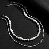 Layered Pearl/Rhinestone Chain Short Choker Necklace Men Beads and Tennis Chain