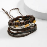 Layered Leather and Wood Beads Chains Bracelets Sets Men Retro