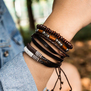 Layered Leather and Wood Beads Chains Bracelets Sets Men Retro