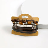 Layered Leather and Wood Beads Chains Bracelets Sets Men Retro