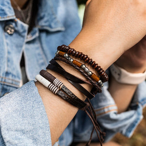 Layered Leather and Wood Beads Chains Bracelets Sets Men Retro