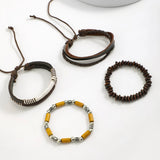 Layered Leather and Wood Beads Chains Bracelets Sets Men Retro