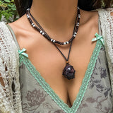 Layered Wood Beads Chains Stone Pendant Necklace Women Choker Jewelry