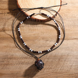 Layered Wood Beads Chains Stone Pendant Necklace Women Choker Jewelry