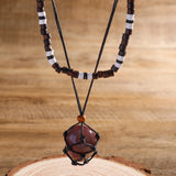 Layered Wood Beads Chains Stone Pendant Necklace Women Choker Jewelry