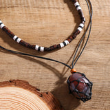 Layered Wood Beads Chains Stone Pendant Necklace Women Choker Jewelry