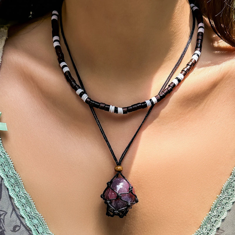 Layered Wood Beads Chains Stone Pendant Necklace Women Choker Jewelry