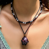 Layered Wood Beads Chains Stone Pendant Necklace Women Choker Jewelry
